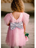 Pink Tulle Pearls Flower Girl Dress With Silver Bow